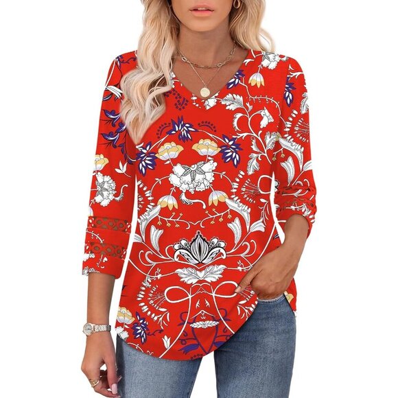 Womens Multicolor Dressy Casual Blouses Trendy V Neck T Shirts Summer Tops - Picture 2 of 5